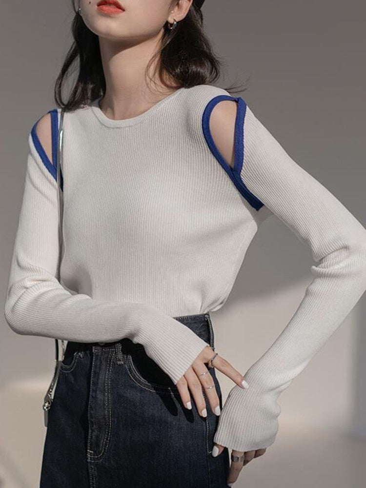 Sexy Hollow Out Women Sweater Autumn Pullover Casual O Neck Off Shoulder Knitted Jumper White Slim High Elastic Tops New