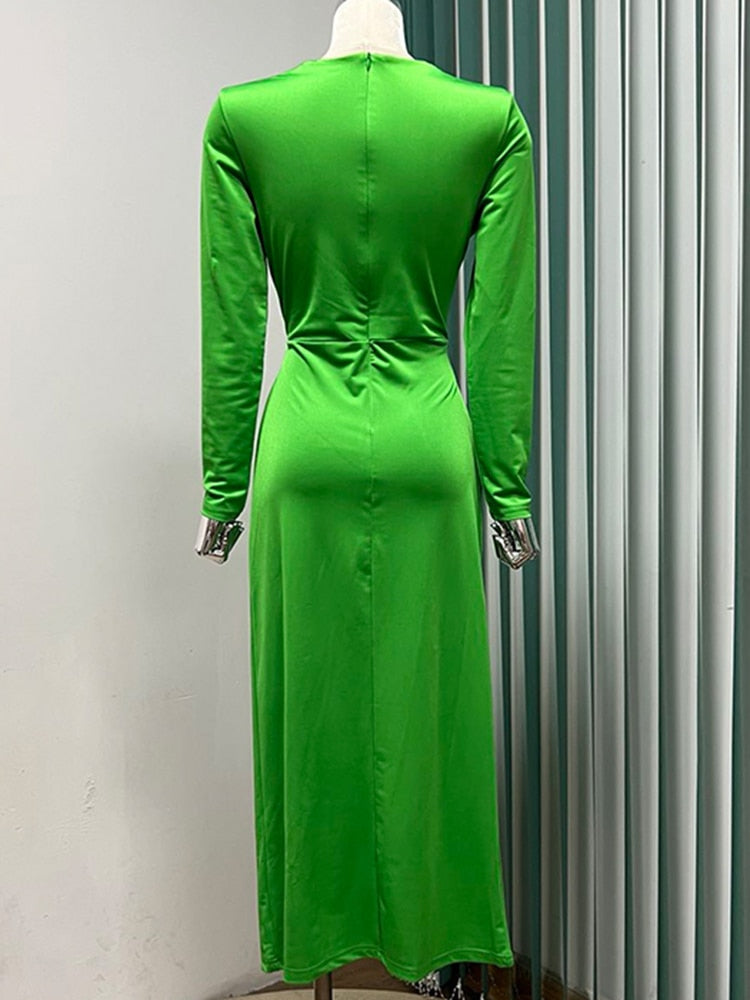 Loose Sexy Dress For Women V Neck Long Sleeve High Waist Solid Ruched Midi Dresses Female Autumn Clothing