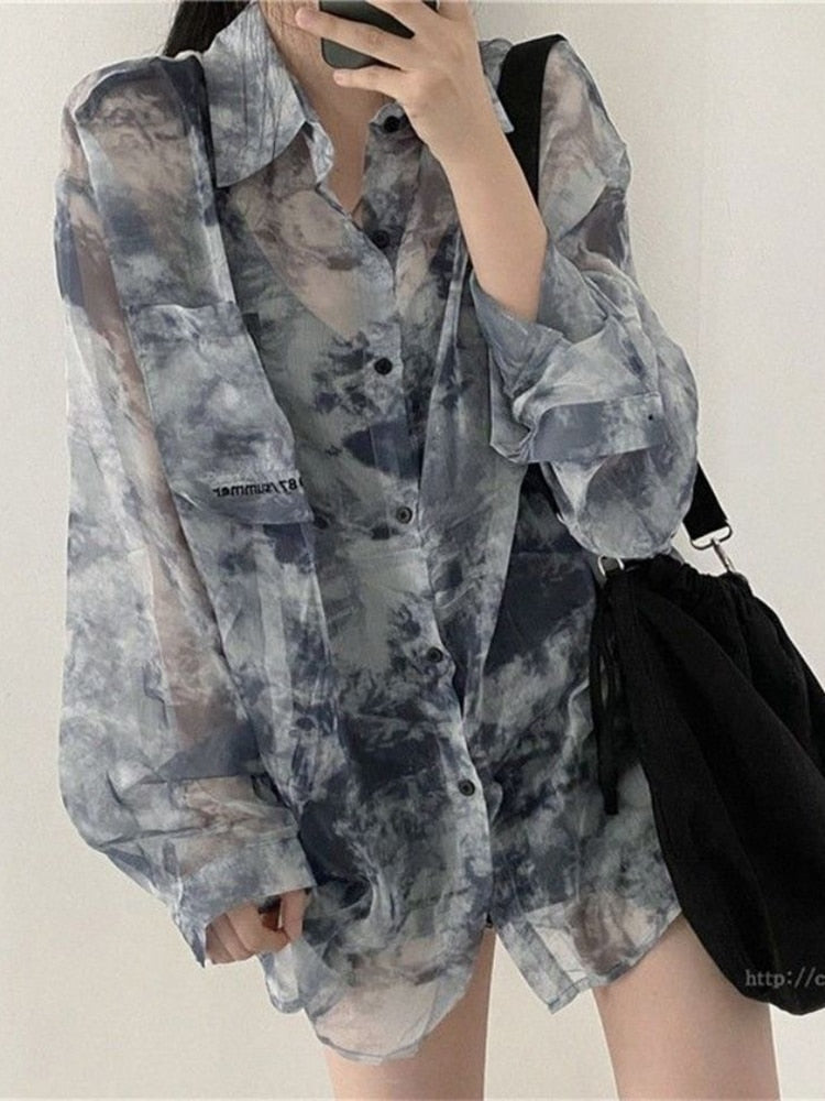 Tie Dye Fashion Women Shirts Harajuku Gothic Y2k Ladies Loose Button Up Top Embroidery All-match Summer Holiday Sun Shirt