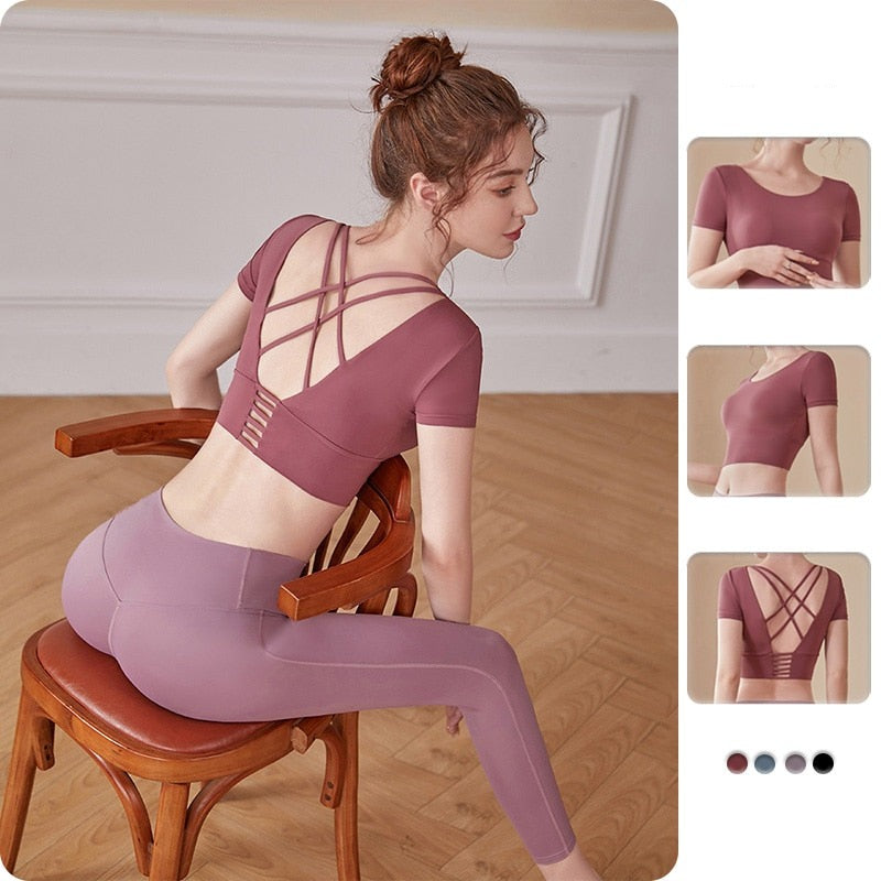 Sexy Yoga Solid Suits Fitness Cross Strap Back Shockproof Crop Top High Waist Leggings Workout Sport Gym Running Training set