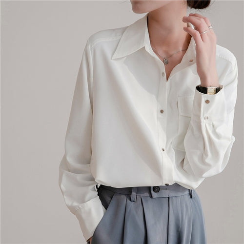 Load image into Gallery viewer, Chiffon Women Shirt White Office Ladies Button Up Long Sleeve Blouse Summer Fashion Turn Down Designed Female Tops
