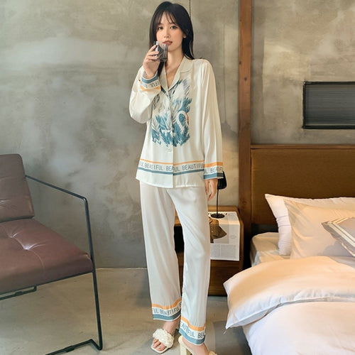 Load image into Gallery viewer, Imitation Silk Pajamas Women&#39;s Spring Autumn Thin Satin Long Sleeve Pants Fashion Printing Comfortable Nightwear Set
