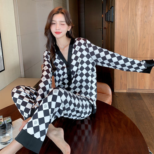 Load image into Gallery viewer, Women&#39;s Pajamas Set Fashion Plaid Stripes Print Sleepwear Silk Like Long Homewear Nightwear Femme Petite
