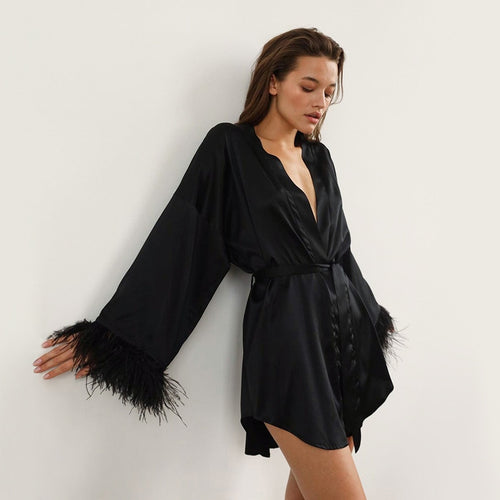 Load image into Gallery viewer, Feather Bathrobes Satin Sexy Mini Dress Long Sleeve Loose Peignoirs For Women Robe White Wedding Dress Black Bride Dress
