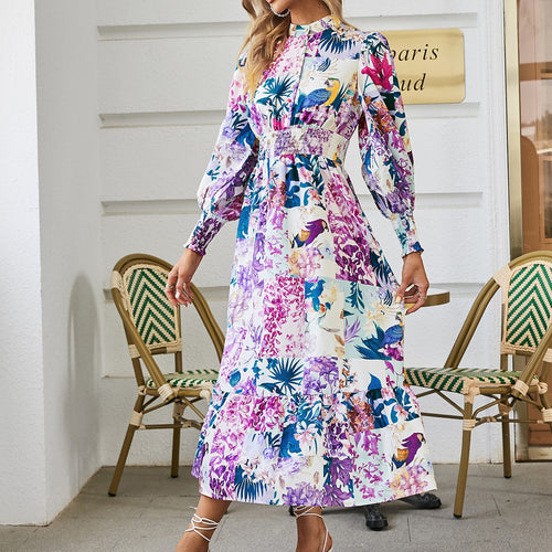 Load image into Gallery viewer, Puff sleeve print women shirt dress Boho elastic waist button patchwork office dresses Holiday floral split maxi vestido
