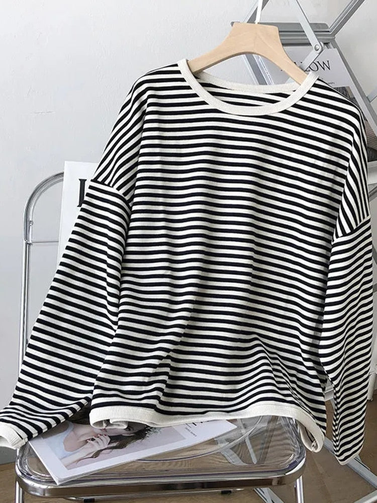 Casual O Neck Striped Women Sweatshirt Spring Long Sleeve Loose Pullover Oversized Hoodie Cotton Fashion Korean Ladies Tops