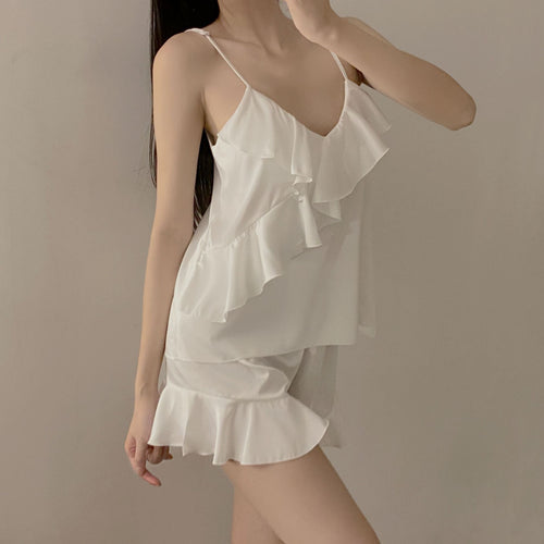 Load image into Gallery viewer, Women&#39;s Pajamas Set Sexy Sling Top Ruffle Panel Hem Shorts Silk Like Nightwear Sleepwear Home Clothes Outside Femme
