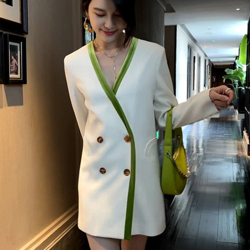 Load image into Gallery viewer, Solid Patchwork Double Breasted Dresses For Women V Neck Long Sleeve High Waist Slim Dress Female Fashion Clothing
