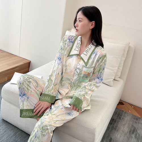 Load image into Gallery viewer, High Quality Women&#39;s Pajamas Set Luxury Floral Print Lapel Sleepwear Silk Like Long Sleeve Homewear Nightwear Femme
