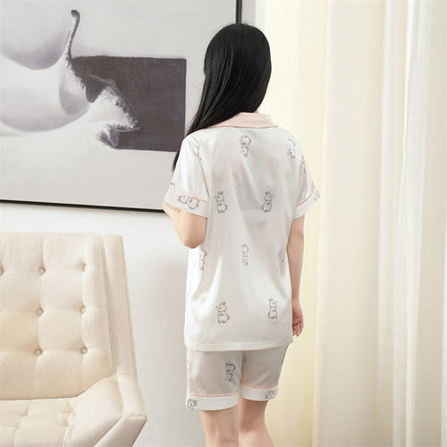 Load image into Gallery viewer, Women&#39;s Imitation Silk Pajamas Summer Short Sleeved Cardigan Shorts Home Suit Sweet White Rabbit Thin Casual Homewear
