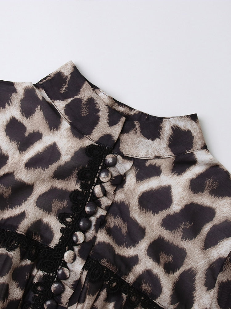 Vintage Leopard Dress For Women Lapel Long Sleeve High Waist Colorblock Mini Dresses Female Spring Clothes