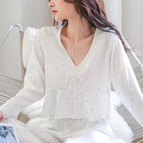 Load image into Gallery viewer, Spring Summer Imitation Silk Pajamas Women&#39;s  V-Neck Long Sleeve Pants Two Piece Set Polka Dot Printing Home Clothing
