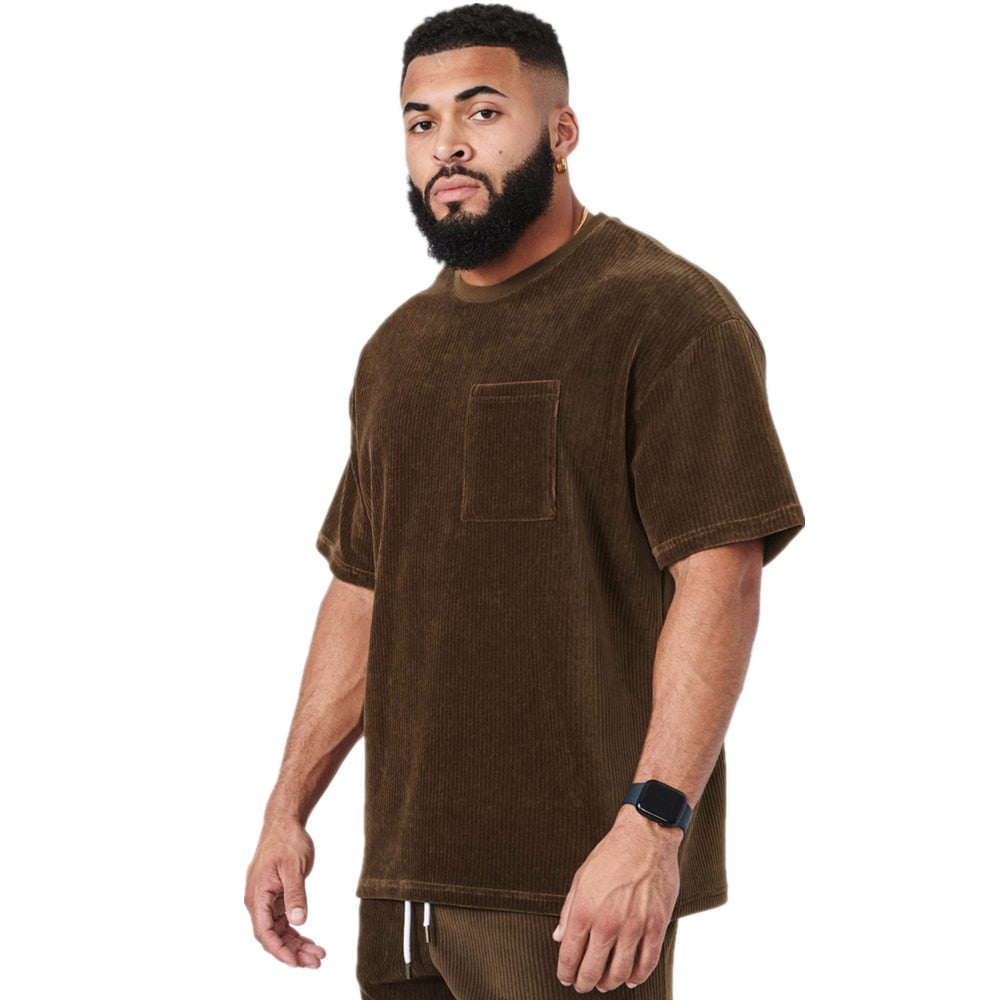 Summer Casual T-shirt Men Short Sleeve Shirt Male Fashion Hip Hop Tees Tops Streetwear Solid Stripes Corduroy Clothing