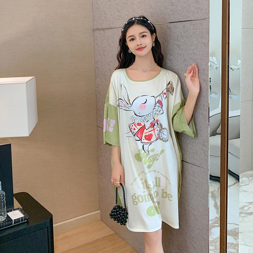 Load image into Gallery viewer, Satin Nightwear Women Short Sleeve Silk Sleeping Dress Casual Sweet Girl Loose Nightdress Summer Mid Length Pajama Skirt
