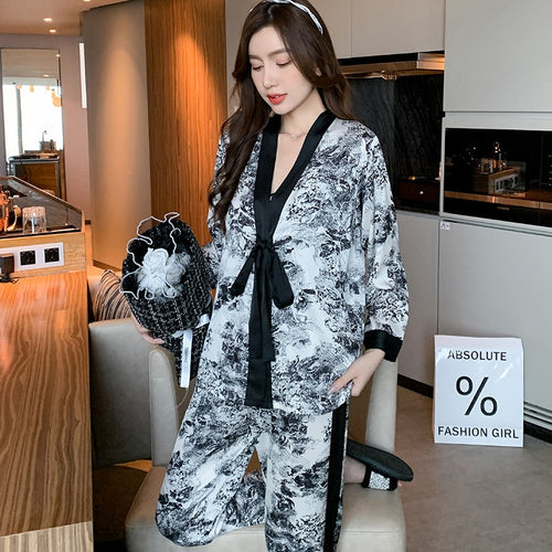 Load image into Gallery viewer, Women&#39;s Pajamas 3-Piece Set Ink Jungle Print Kimono Robe Sleepwear Faux Silk Homewear V Neck Nightwear Casual Loungewear
