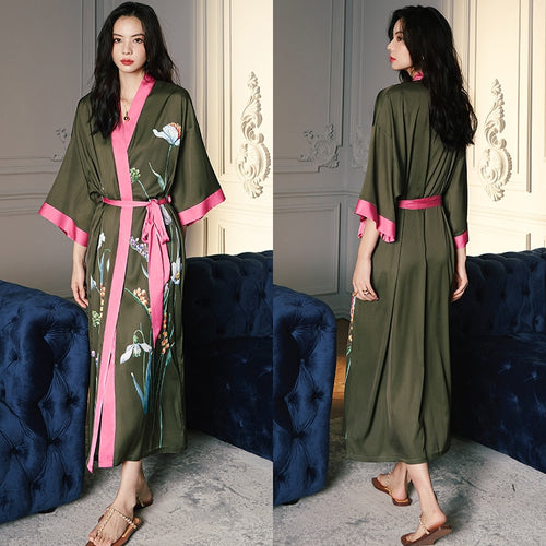 Load image into Gallery viewer, High Quality Women&#39;s Pajamas Long Robe Floral Sleepwear Silk Like Sexy Bathrobe Homewear Luxury Nightwear peignoir femme
