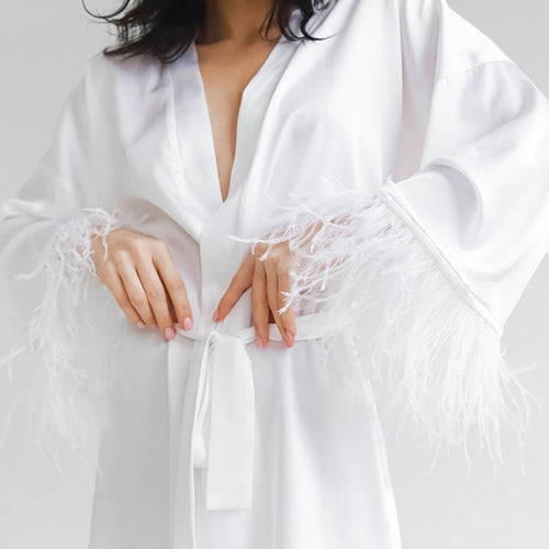 Load image into Gallery viewer, Feather Bathrobes Satin Sexy Mini Dress Long Sleeve Loose Peignoirs For Women Robe White Wedding Dress Black Bride Dress
