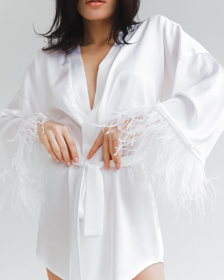 Feather Bathrobes Satin Sexy Mini Dress Long Sleeve Loose Peignoirs For Women Robe White Wedding Dress Black Bride Dress