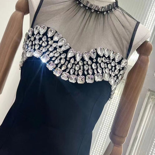 Load image into Gallery viewer, Hit Color Patchwork Mesh Dresses For Women Round Neck Sleeveless High Waist Spliced Diamonds Sexy Dress Female
