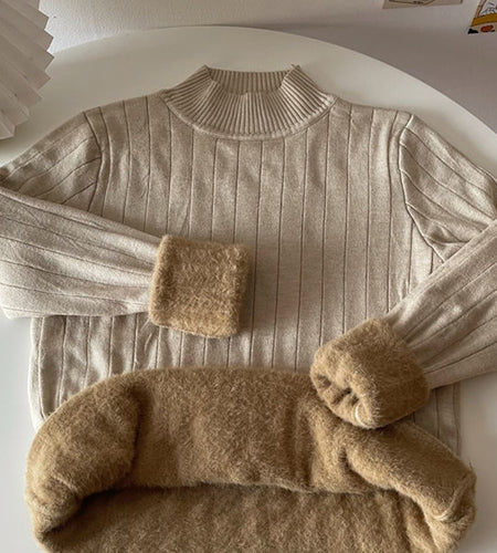 Warm Plus Women Sweater Thick Winter Knitted Pullover Jumper Slim Half Turtleneck White Fashion Casual Korean Basic Tops