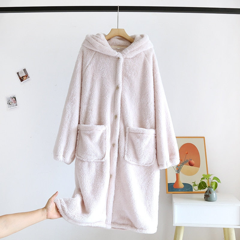 Women's Pajamas Robe Warm Thick Flannel Solid Sleepwear Casual Homewear Cute Hoodie Top Nightwear Femme New for Winter