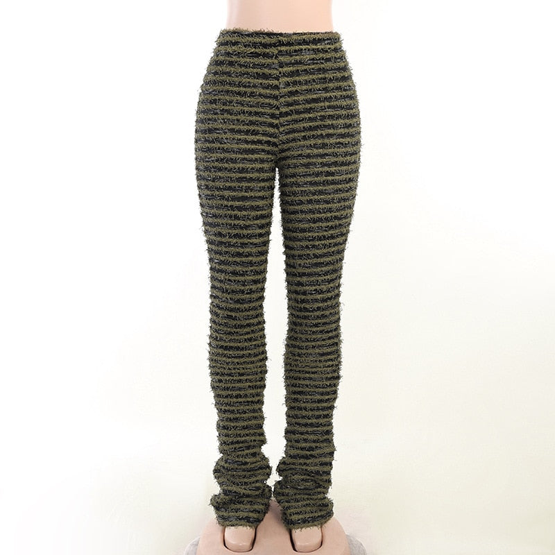 Black and White Striped Knitted Stacked Pants Women Bottoms Streetwear Extra Long High Waist Flare Pants C68-EE42