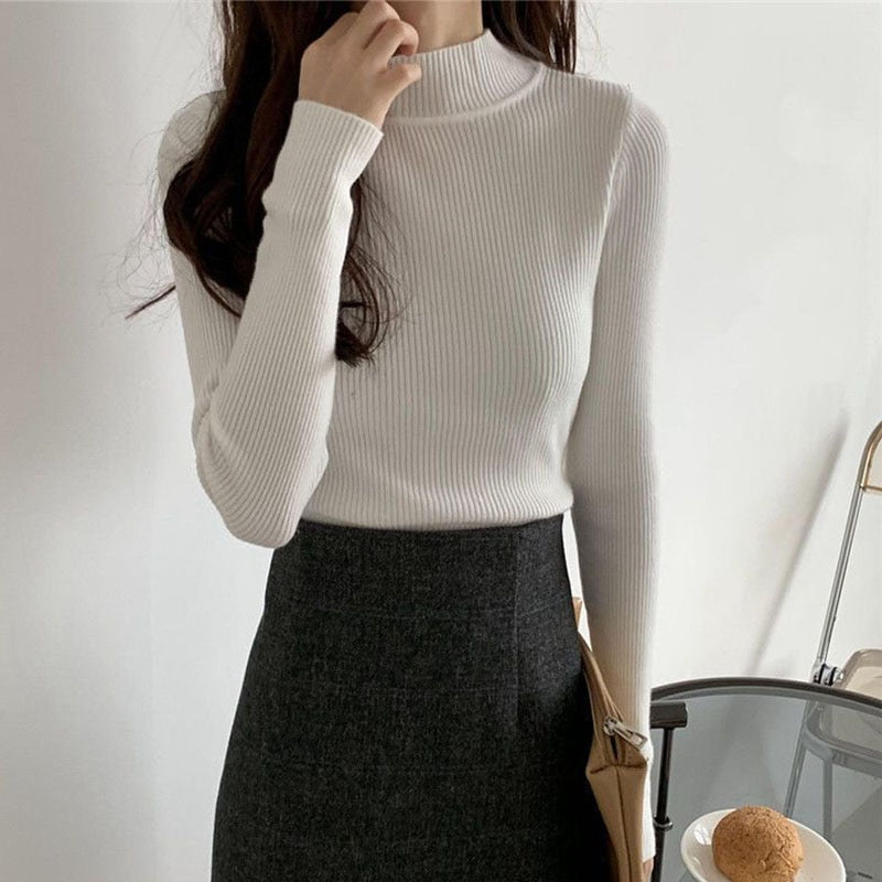 Pullover Women Sweater Autumn Elastic Solid Knitted Female Jumper Long Sleeve Winter Korean Female Basic Tops