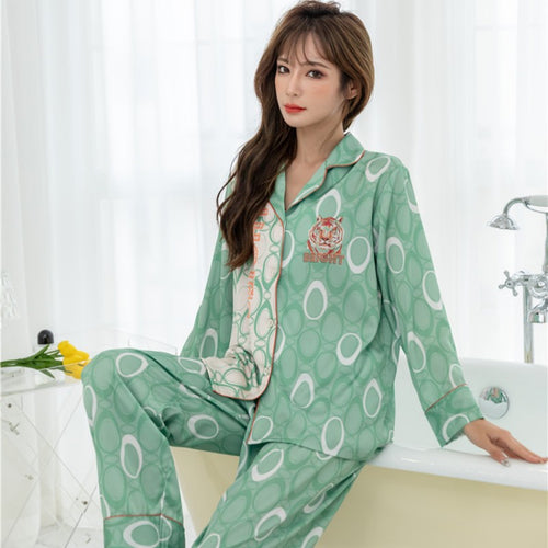 Load image into Gallery viewer, Women&#39;s Imitation Silk Pajamas Spring Autumn Fashion Long Sleeve Lapel Pants Cardigan Set Girls Large Home Clothing
