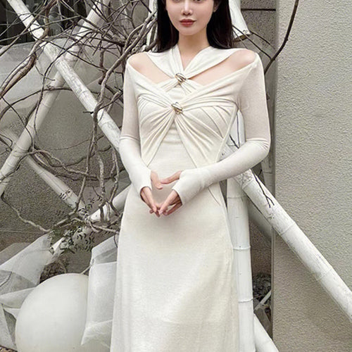 Load image into Gallery viewer, Knitting White Dresses For Women V Neck Long Sleeve High Waist Hollow Out Slim Dress Female Summer Clothing
