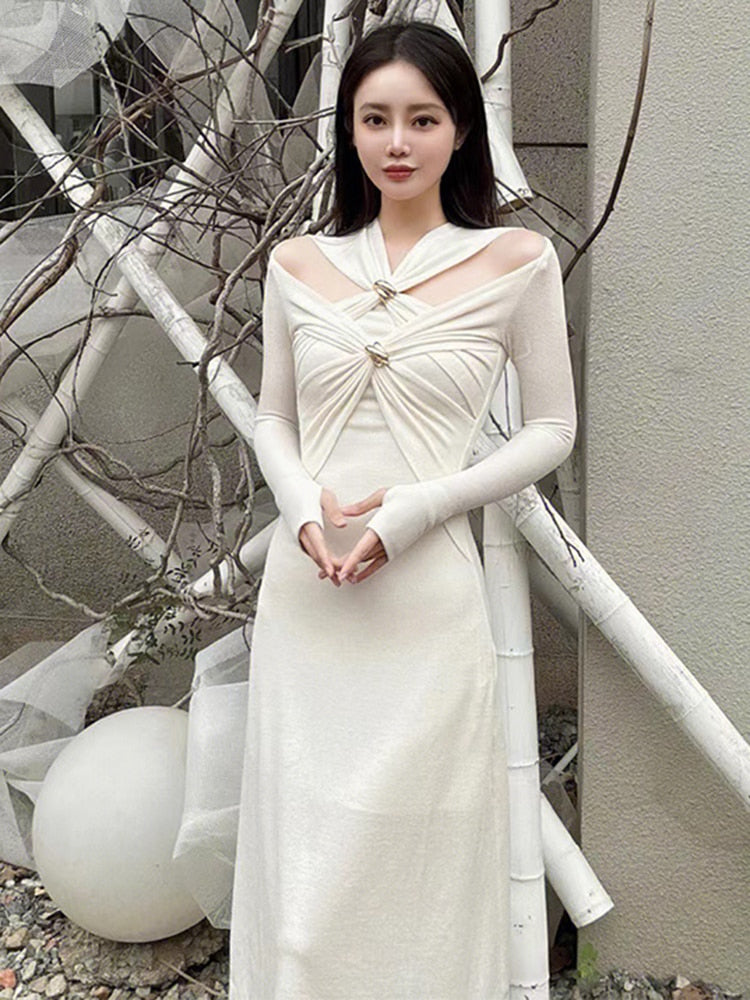 Knitting White Dresses For Women V Neck Long Sleeve High Waist Hollow Out Slim Dress Female Summer Clothing