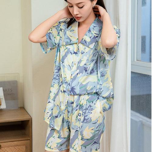 Load image into Gallery viewer, Women&#39;s Imitation Silk Pajamas Summer Gradient Flower Printing Short Sleeved Shorts Home Suit Comfortable Loose Homewear
