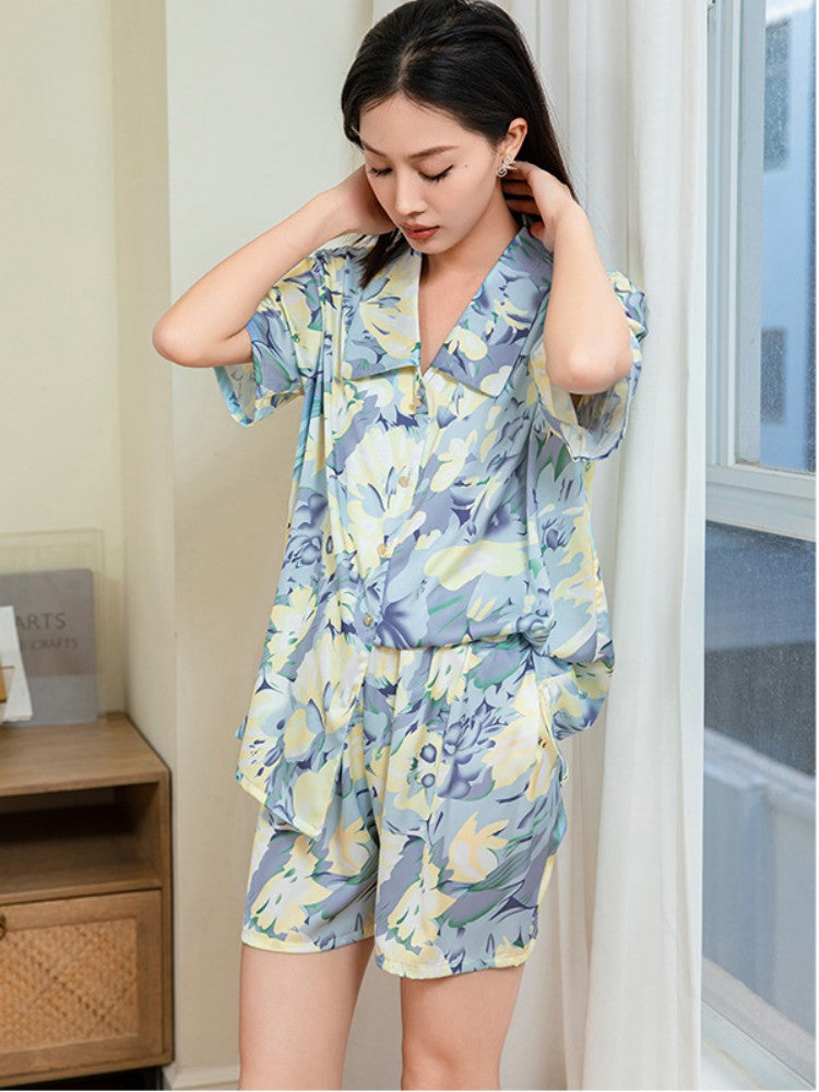 Women's Imitation Silk Pajamas Summer Gradient Flower Printing Short Sleeved Shorts Home Suit Comfortable Loose Homewear
