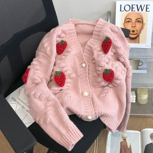 Load image into Gallery viewer, Fashion 3D Strawberry Women Cardigan Winter Elegant Pearl Button Casual V Neck Ladies Knitted Sweater Long Sleeve Coat
