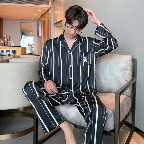Load image into Gallery viewer, Ice Silk Couple Pajamas Women&#39;s Fashion Stripe Long Sleeve Pants 2-piece Suit Men&#39;s Large Size Satin Home Clothes
