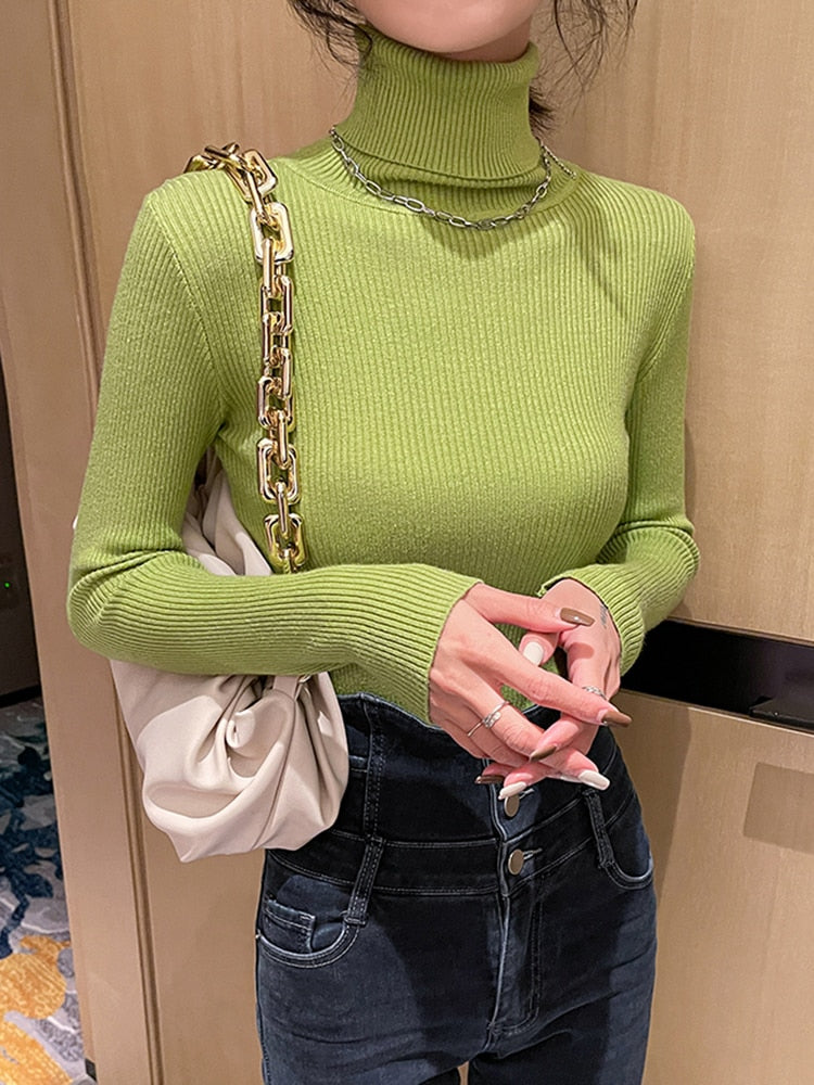 Simple Women Turtleneck Sweater Winter Fashion Pullover Elastic Knit Ladies Jumper Casual Solid Black Female Basic Tops