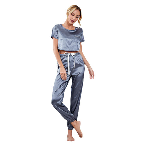 Load image into Gallery viewer, Women&#39;s Pajamas Set Short-sleeve Crop Top Casual Sweatpants With Cuffed Sleepwear Silk Like Nightwear Homewear Femme
