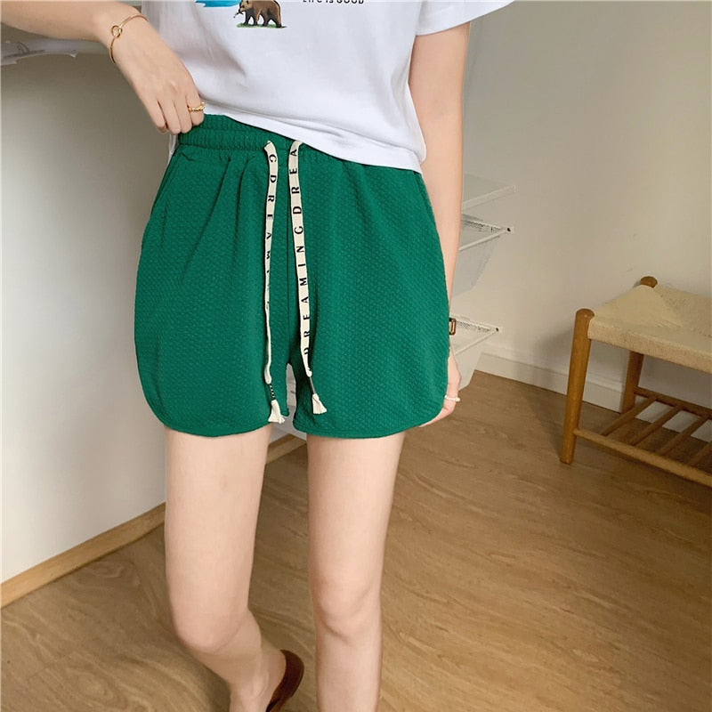 Drawstring Letter High Waist Women Biker Shorts Summer Solid Loose Sweat Shorts Casual Pocket fashion black ladies shorts