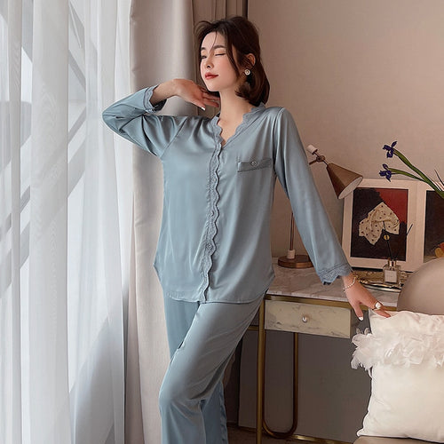 Load image into Gallery viewer, Women&#39;s Pajamas Set Vintage V Neck Lace Sleepwear Silk Like Nightie Leisure Home Clothes Nightwear Pyjamas Femme
