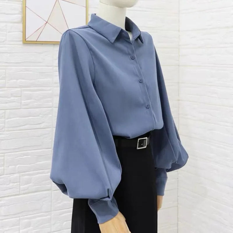 Fashion Lantern Sleeve Shirts Elegant Women Designed Button Up Tops Office Ladies Solid Color All Match Spring White Shirts