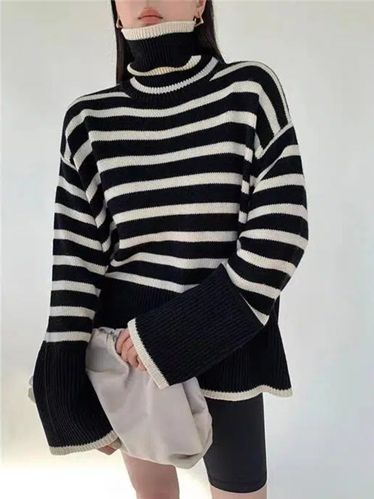 Thick Women Turtleneck Sweaters Winter Fashion Striped Warm Loose Pullover Jumper Oversize Casual Designed Korean Knit Coat