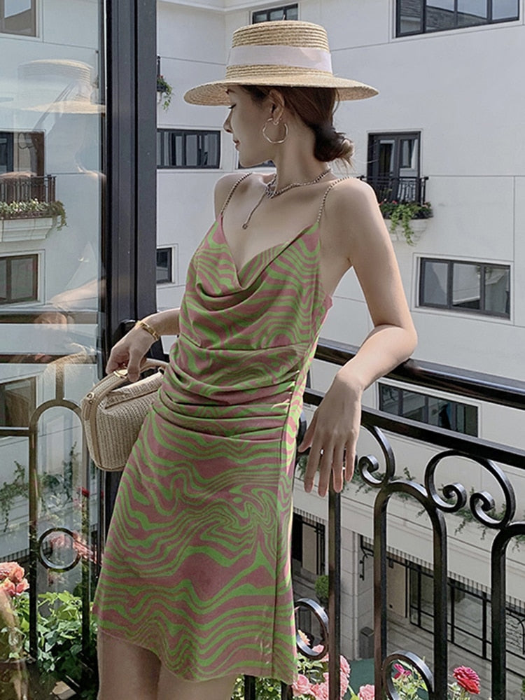 Print Hit Color Dresses For Women Square Collar Sleeveless High Waist Folds Backless Dress Female Summer