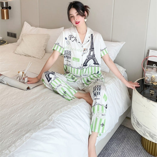 Load image into Gallery viewer, Women&#39;s Imitation Silk Pajamas Short Sleeve Pants Two-piece Set Spring Summer Fashion Thin Cardigan Large Home Suit
