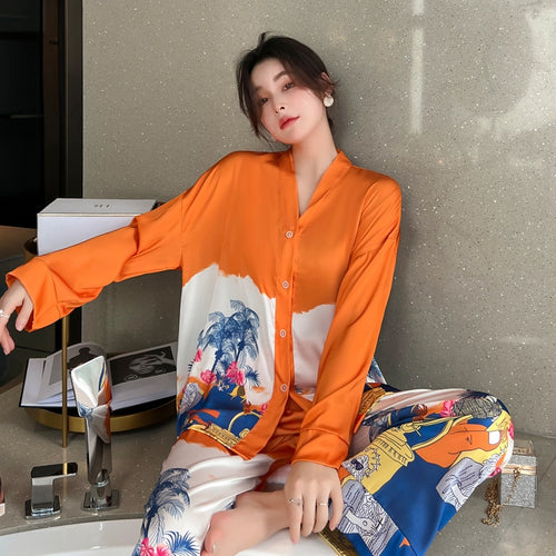 Load image into Gallery viewer, Women&#39;s Pajamas Set Luxury Orange Coconut Print Sleepwear Silk Like Homewear V Neck Nightwear Leisure Loungewear
