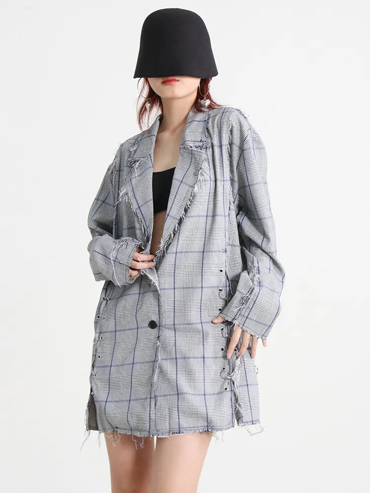 Plaid Blazers For Women Notched Collar Long Sleeve Patchwork Single Breasted Slim Temperament Blazer Female