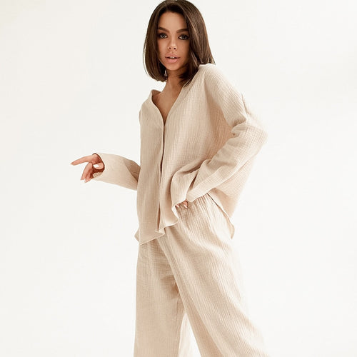 Load image into Gallery viewer, V-neck Long-sleeved Pajamas Women&#39;s Cotton Linen Home Suit Fashion Loose Shirt High Waist Wide Leg Pants Two-piece Set
