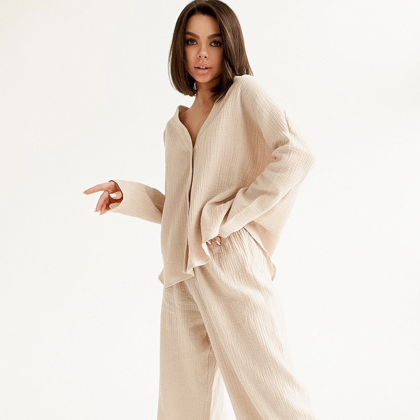 V-neck Long-sleeved Pajamas Women's Cotton Linen Home Suit Fashion Loose Shirt High Waist Wide Leg Pants Two-piece Set