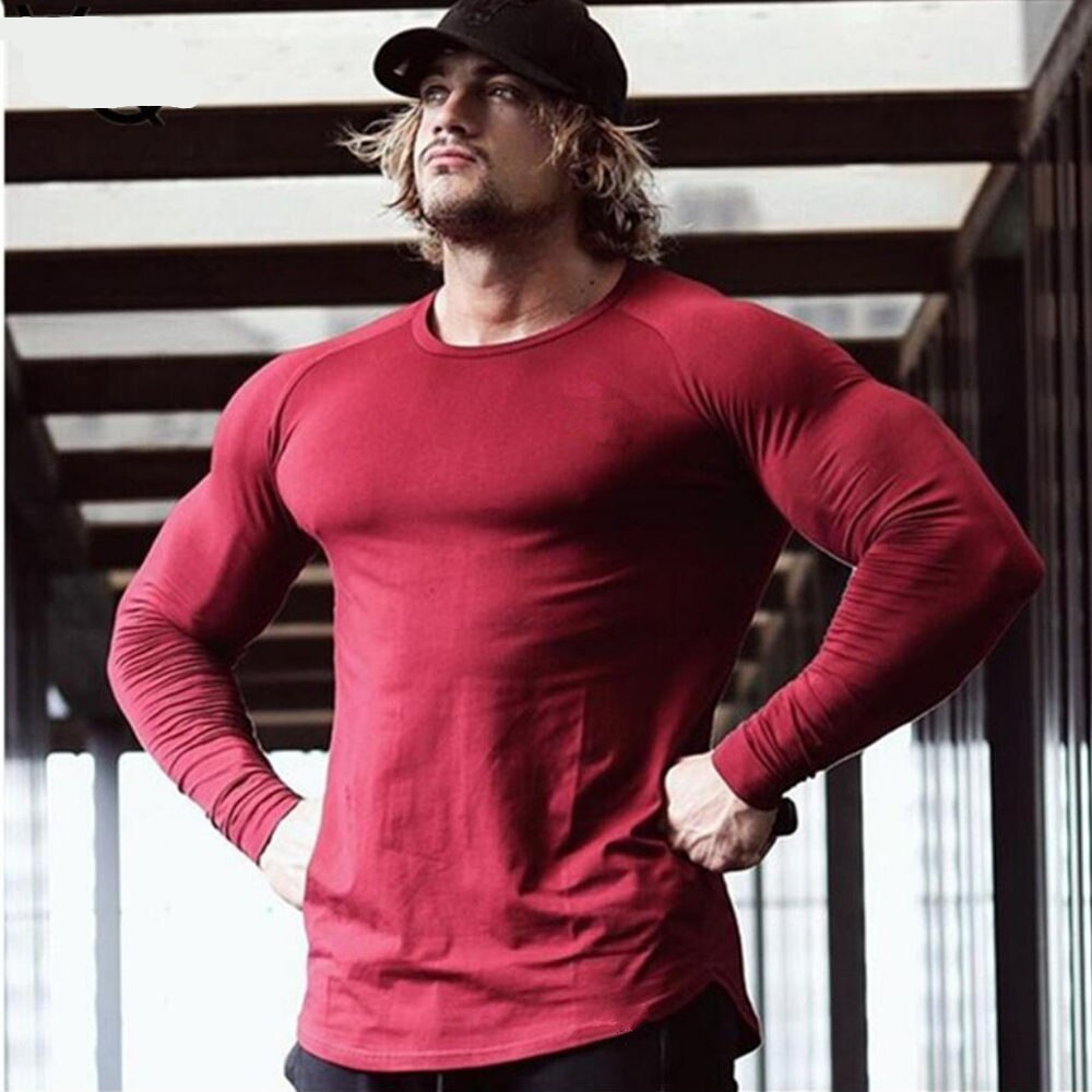 Solid Casual Long Sleeves Shirt Men Gym Fitness Cotton Slim T-shirt Male Autumn Workout Black O-Neck Tees Tops Fashion Apparel