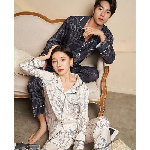 Load image into Gallery viewer, High Quality Women&#39;s Pajamas Set Silk Like Sleepwear Stripes Print Couples Homewear Men Nightwear Luxury Pyjamas Femme
