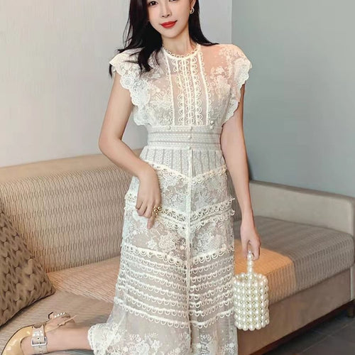 Load image into Gallery viewer, Solid Embroidery Summer Fashion Dresses For Women Round Neck Sleeveless Lace Mesh Dress Female Fashion Clothes
