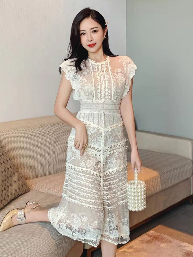 Solid Embroidery Summer Fashion Dresses For Women Round Neck Sleeveless Lace Mesh Dress Female Fashion Clothes